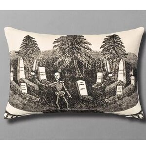 JOHN DERIAN NWT rest in peace skeleton graveyard rectangle throw pillow -18x12